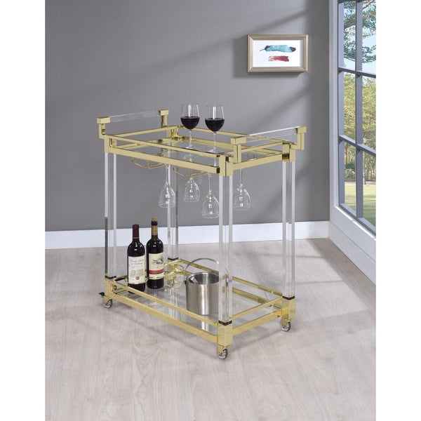 Modern Acrylic Serving Cart, Gold and Clear-Kitchen Islands and Kitchen Carts-Gold And Clear-METAL-JadeMoghul Inc.