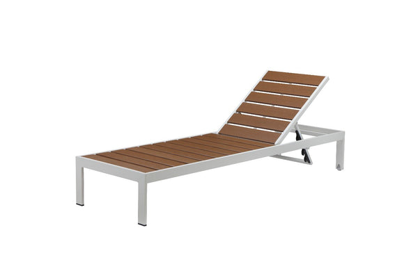 Modern Anodized Aluminum Wheeled Lounger, White/Teak-Outdoor Chaise Lounges-WHITE/TEAK-Anodized Aluminum And Teak Plastic lumber-JadeMoghul Inc.