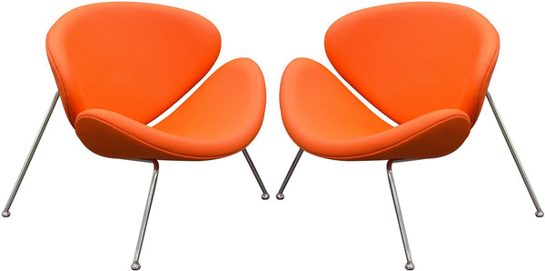 Modern Leatherette Upholstered Accent Chair with Angled Metal Legs, Set of Two, Orange and Silver-Accent Chairs-Orange and Silver-Faux Leather and Metal-JadeMoghul Inc.