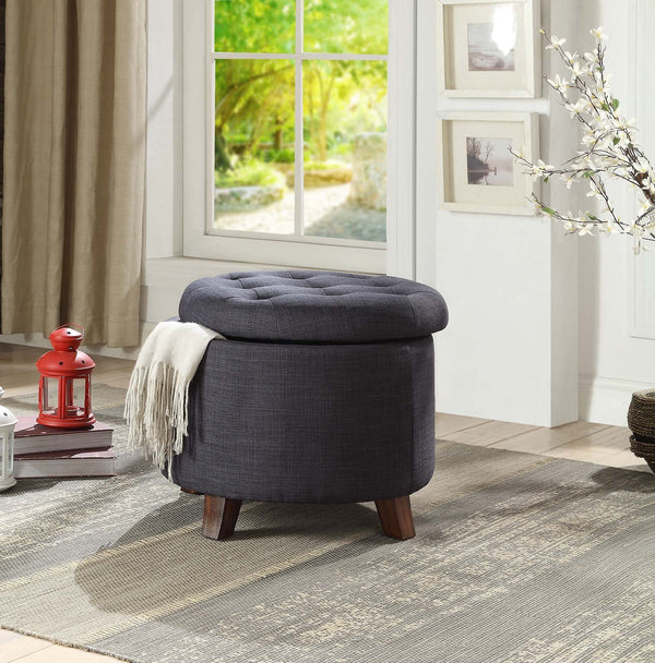 Modern Linen Upholstered Wooden Ottoman with Button Tufted Lift Off Seat, Dark Blue and Brown