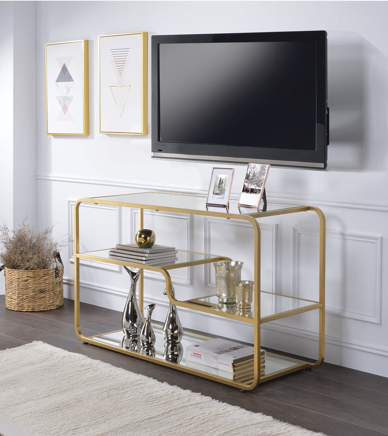 Modern Metal Framed TV Stand with Mirrored Open Compartments, Gold and Clear-Media Storage Cabinets & Racks-Gold and Clear-Metal, Mirror-JadeMoghul Inc.