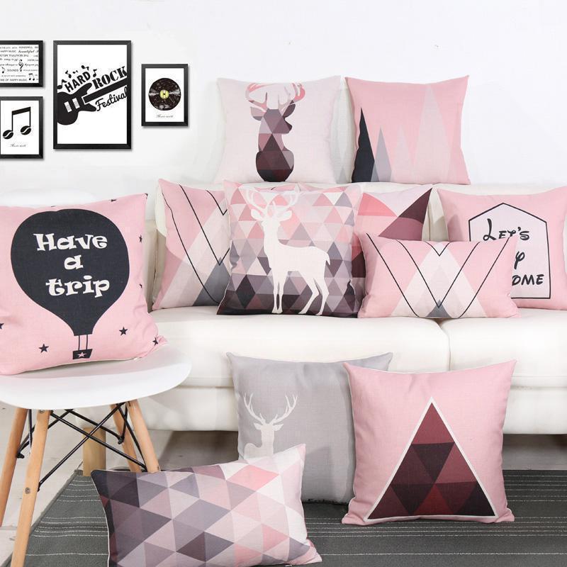 Modern Minimalist Geometric Cushion Pink Triangle Animal Deer Antler Letter Throw Pillows Headrest For Nordic Style Home Decor-A1-45x45cm Just Cover-JadeMoghul Inc.