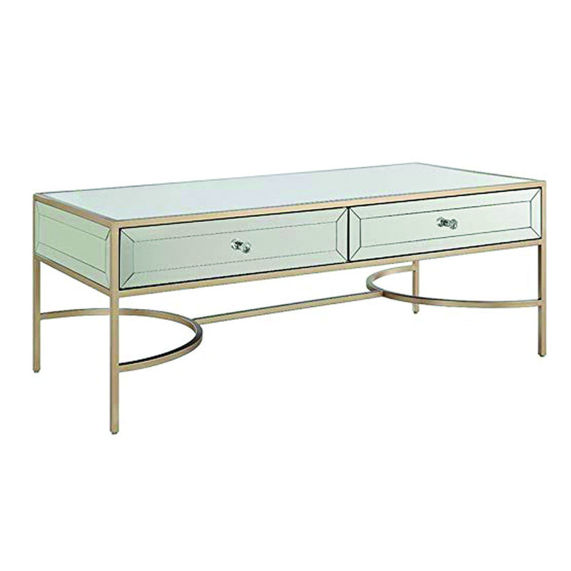 Modern Rectangular Metal and Mirror Coffee Table With 2 Drawers, Silver and Gold-Coffee Tables-Silver and Gold-Metal and Mirror-JadeMoghul Inc.