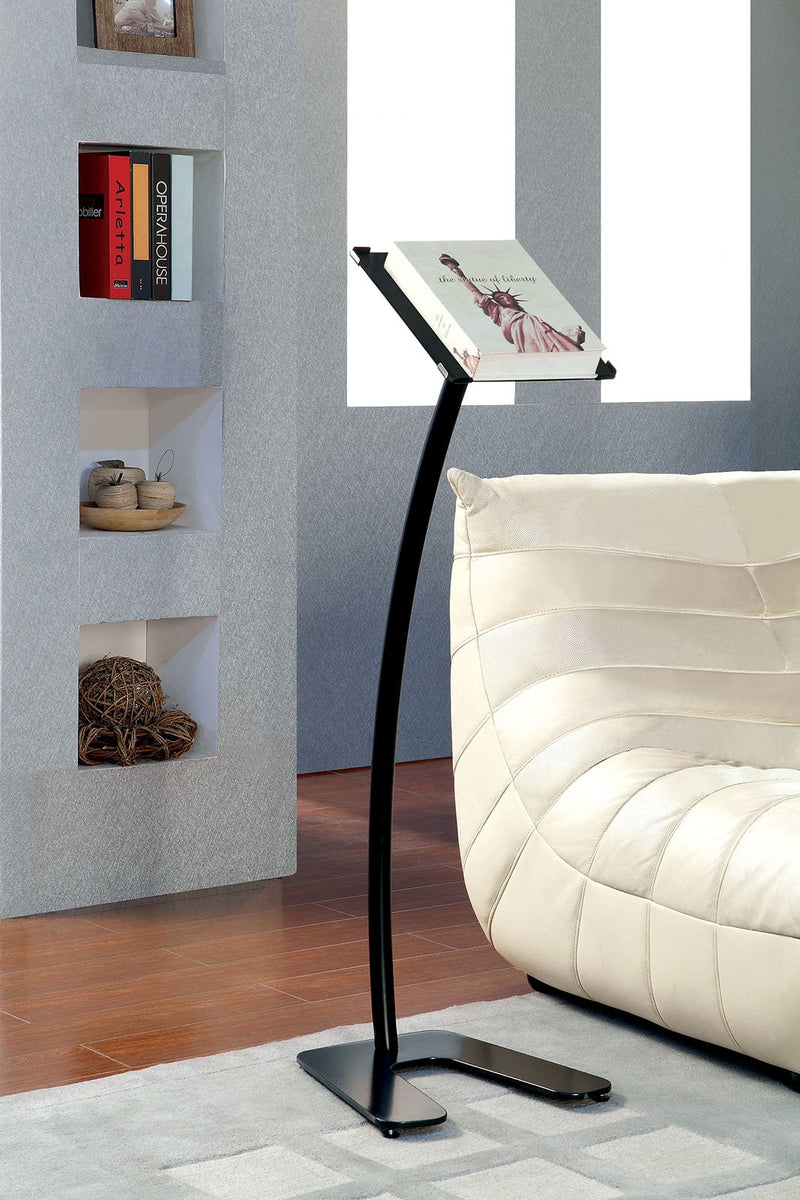 Modern Style Curved Metal Book Stand with Rotating Top, Black-Book Cases-Black-Metal-JadeMoghul Inc.