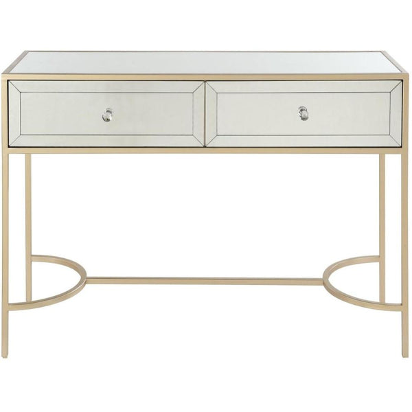 Modern Style Metal and Mirror Sofa Table with 2 Drawers, Gold-Cabinet and Storage Chests-Gold-Metal and Mirror-JadeMoghul Inc.