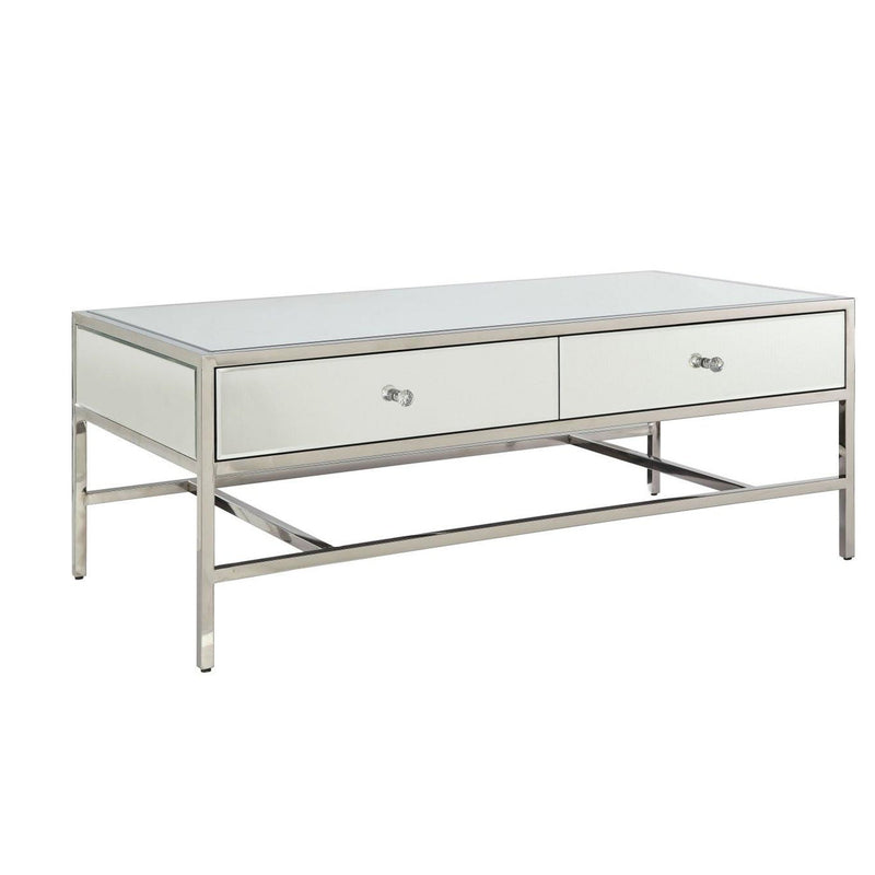 Modern Style Rectangular Metal and Mirror Coffee Table with 2 Drawers, Silver-Coffee Tables-Silver-Metal Mirror and Wood-JadeMoghul Inc.