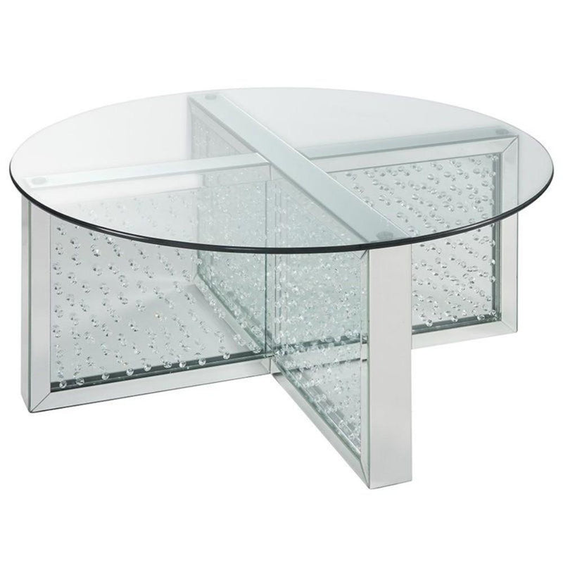 Modern Style Round Glass and Faux Crystal Coffee Table, Silver-Coffee Tables-Silver-Mirror Glass and Faux Crystals-JadeMoghul Inc.