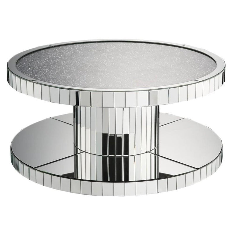 Modern Style Round Mirror Coffee Table with Glass and Faux Stones Top, Silver-Coffee Tables-Silver-Mirror Glass and Faux Stones-JadeMoghul Inc.