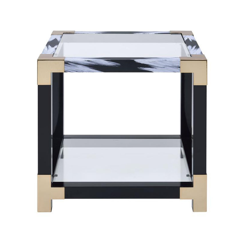 Modern Style Square Metal and Glass End Table With Bottom Shelf, Black and Gold-Side and End Tables-Black and Gold-Glass and Metal-JadeMoghul Inc.