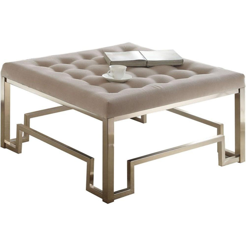 Modern Style Square Shaped Wood and Metal Cocktail Ottoman, Gold and Beige-Ottomans-Gold and Beige-Fabric Metal and Wood-JadeMoghul Inc.