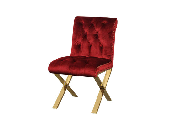 Modern Style Velvet Dining Side Chairs with Steel X Style Legs, Red and Gold, Set of Two-Dining Chairs-Red and Gold-Wood Velvet Fabric and Steel-JadeMoghul Inc.