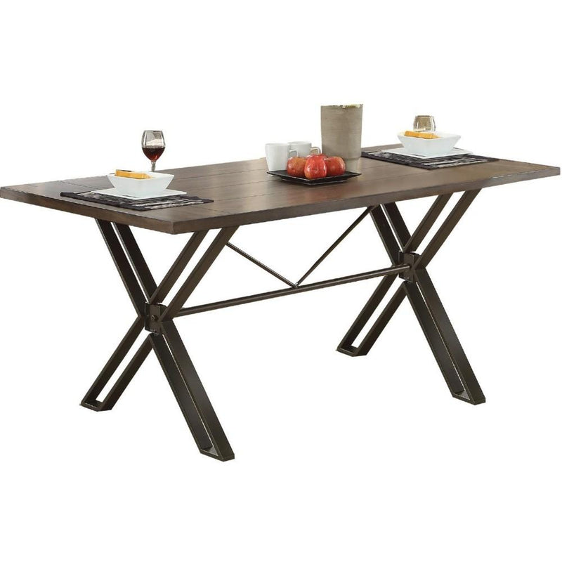 Modern Style Wooden Dining Table With Cross Legs Metal Base, Gray and Brown-Dining Furniture-Brown and Gray-Metal and Wood-JadeMoghul Inc.