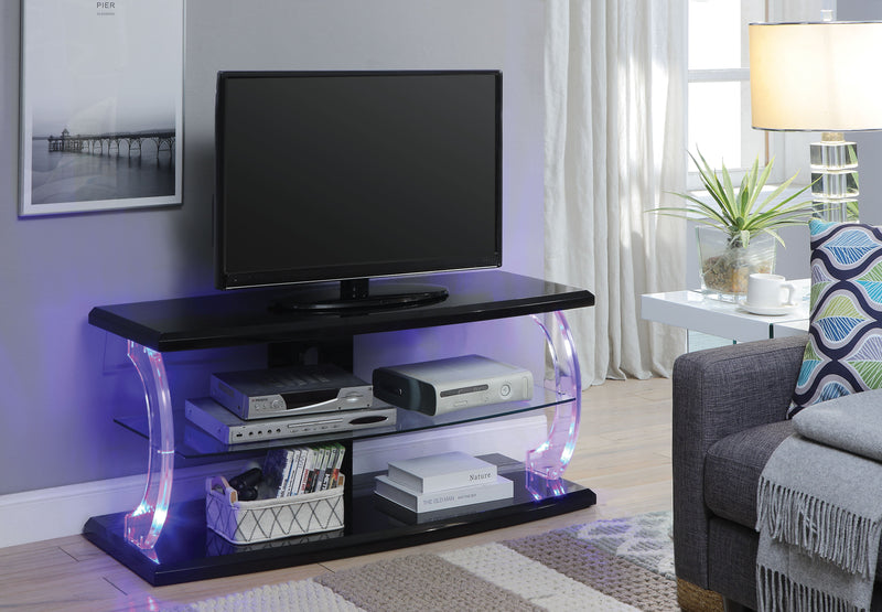 Modern Style Wooden TV Stand with Acrylic Posts and LED Lighting, Black and Clear-Media Storage Cabinets & Racks-Black and Clear-Glass, Veneer, Engineered Wood, Acrylic and LED-JadeMoghul Inc.