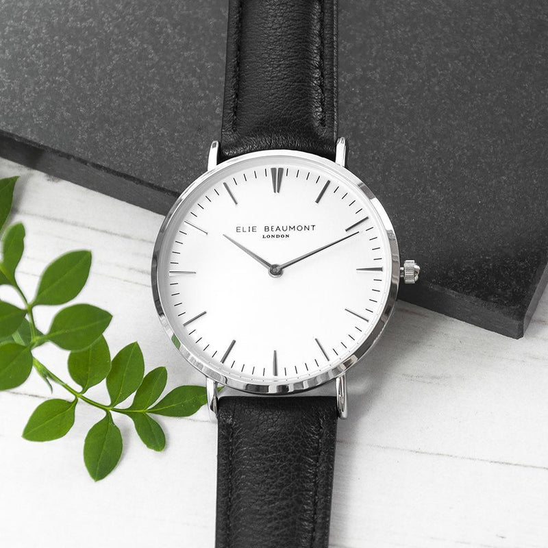Modern - Vintage Personalised Leather Watch In Black & Silver