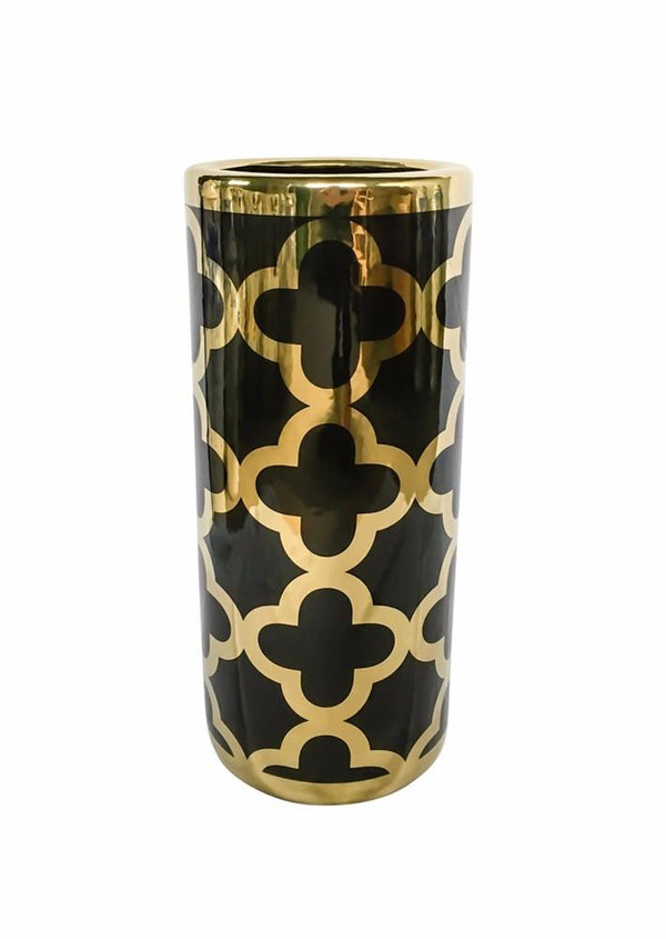 Modish decorative Round Umbrella Stand, Black/Gold-Coatracks and Umbrella Stands-Black And Gold-Ceramic-JadeMoghul Inc.