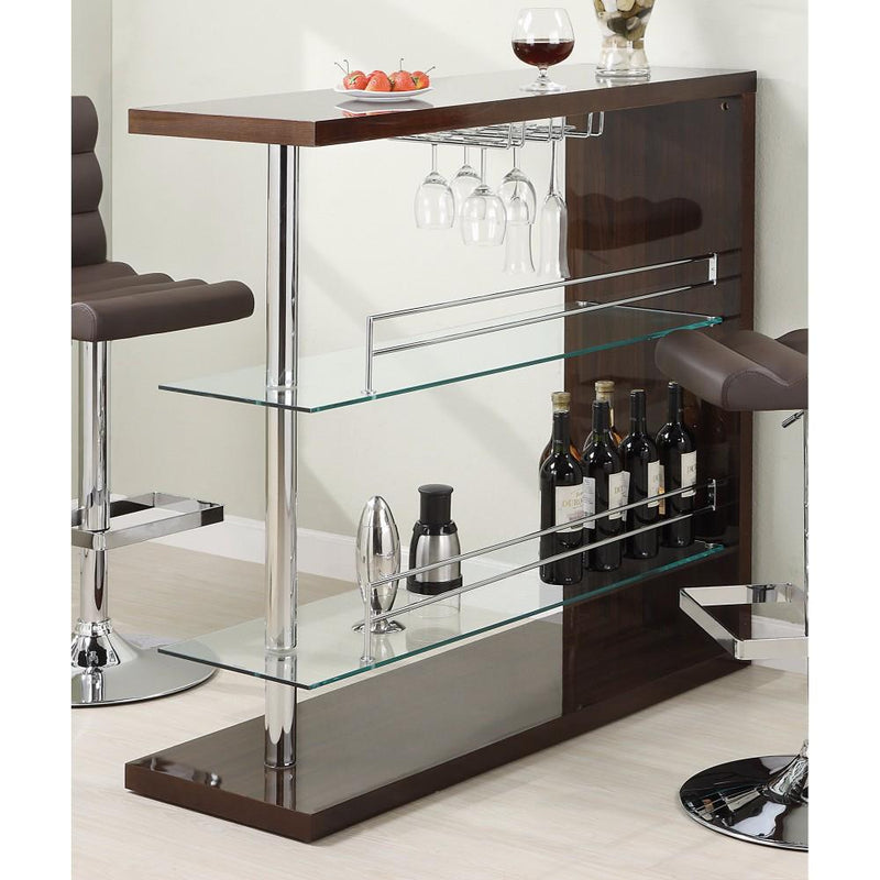 Modish Rectangular Bar Unit with 2 Shelves and Wine Holder, Brown-Wine Racks-Brown-METAL-Cappuccino-JadeMoghul Inc.