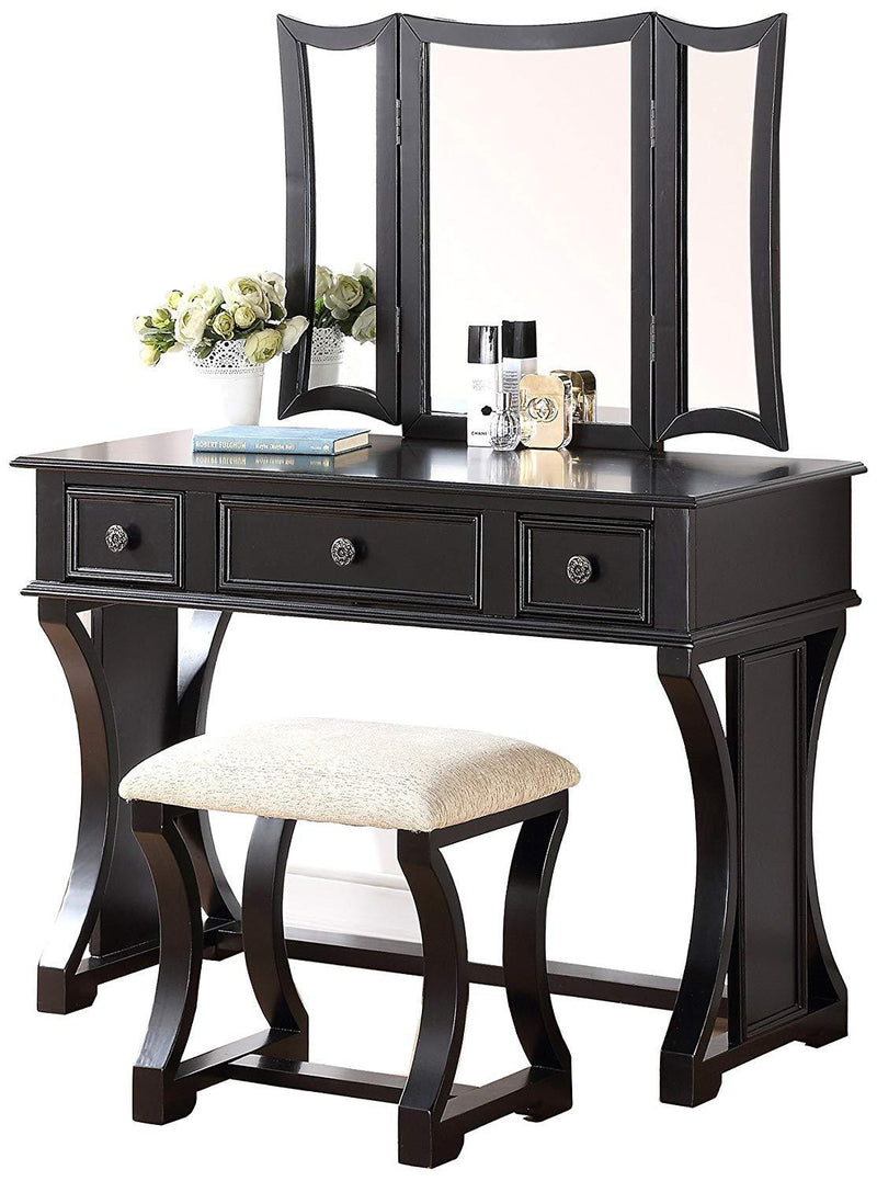 Modish Vanity Set Featuring Stool And Mirror Black-Bedroom Furniture Sets-Black-Pine Wood Particle Board MDF with Poplar Veneer-JadeMoghul Inc.