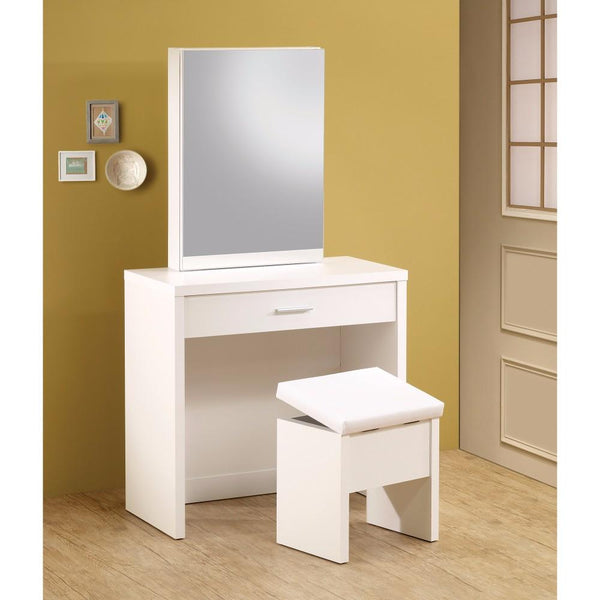 Modish Vanity with Hidden Mirror Storage and Lift-Top Stool, 2 Piece, White-Living Room Furniture Sets-White-MELAMINE PAPER-White-JadeMoghul Inc.