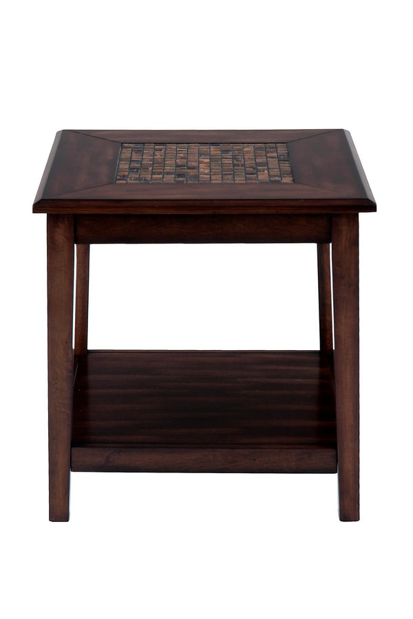 Mosaic Tile Inlay Wooden End Table with Bottom Shelf, Baroque Brown-End Tables-Brown-Wood And Mosiac-JadeMoghul Inc.