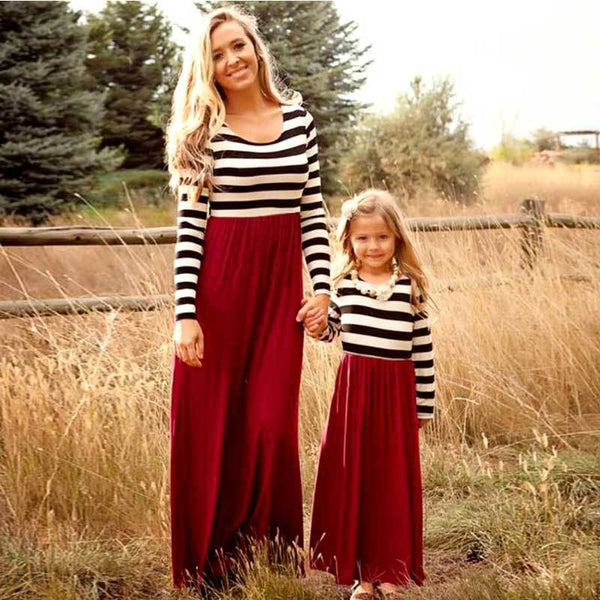 Mother daughter dresse Family Matching clothes Striped Long sleeve Patchwork Mom and daughter dress Family look Fashion like mom-Red-Mom L-JadeMoghul Inc.