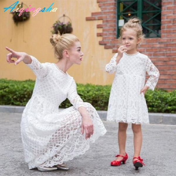 Mother Daughter Dresses Lace White Princess Tutu Wedding Dress Evening Party Clothing Spring Mom and Daughter Clothes Outfits-White-mom M-JadeMoghul Inc.