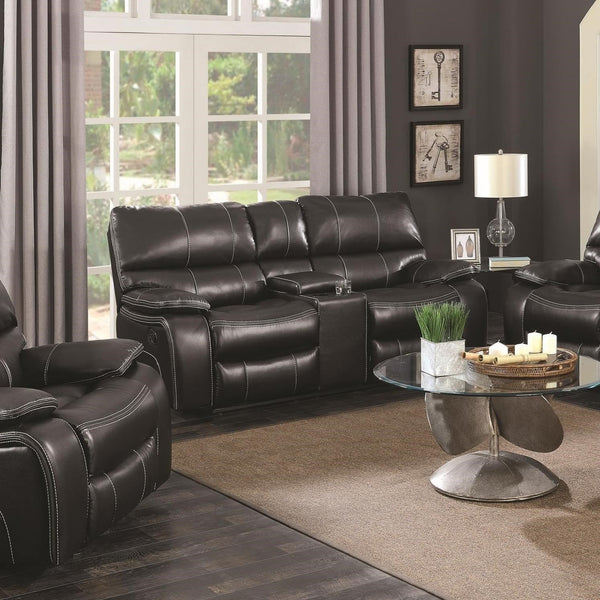 Motion Loveseat With Storage Console, Black-Loveseats-Black-Wood and Leather-JadeMoghul Inc.