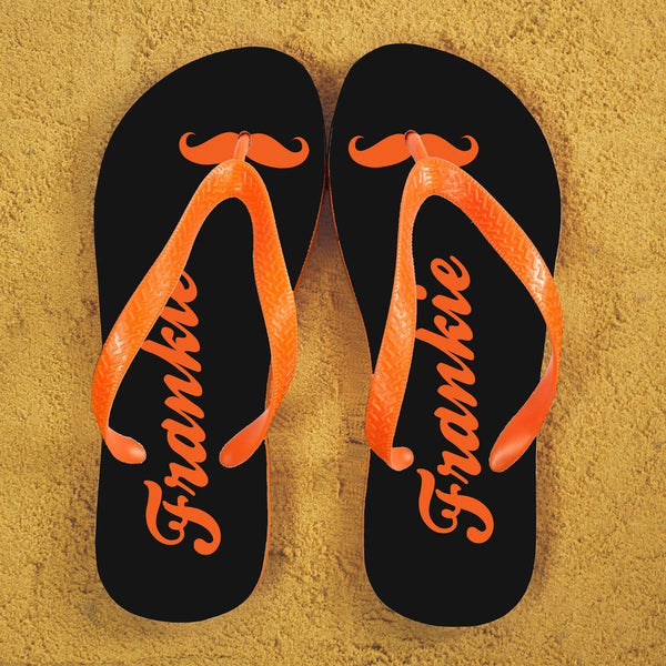 Moustache Style Personalised Flip Flops in Grey and Orange