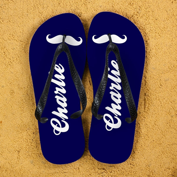 Moustache Style Personalised Flip Flops in Navy Blue