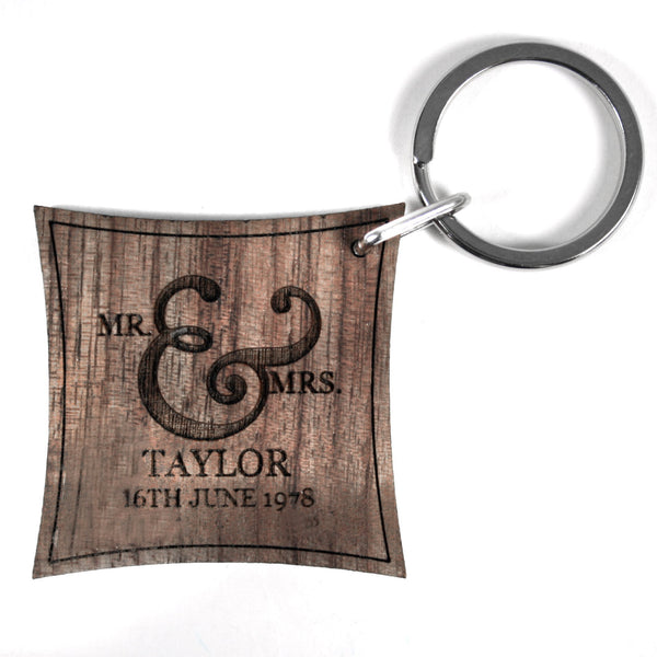 Custom Keychains Mr and Mrs Simple Romantic Ampersand Walnut Keyring