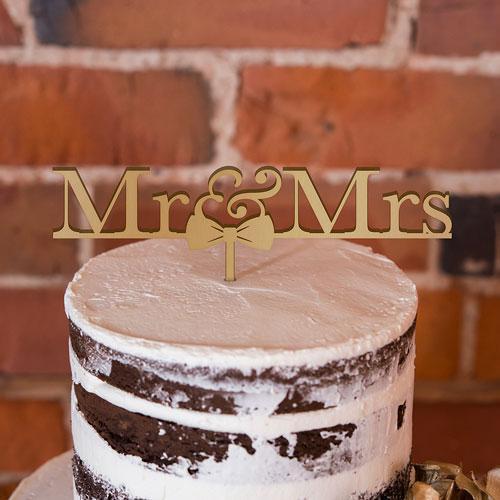 Mr & Mrs Bow Tie Acrylic Cake Topper - Metallic Gold (Pack of 1)-Wedding Cake Toppers-JadeMoghul Inc.