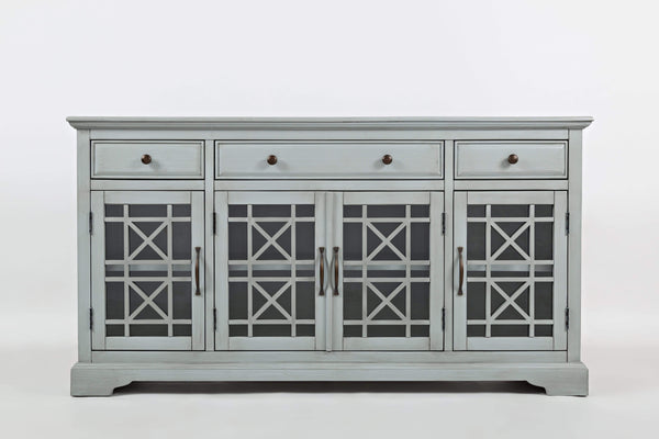 Wood And Glass 60" Media Console With "X" motif detailing On Doors, Earl Gray