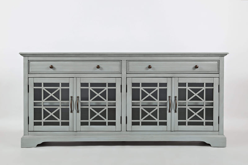 Wood And Glass 70" Media Console With "X" motif detailing On Doors, Earl Gray