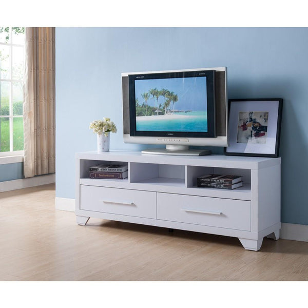 Wooden TV Stand With 2 Drawers & 3 Open Shelves, White