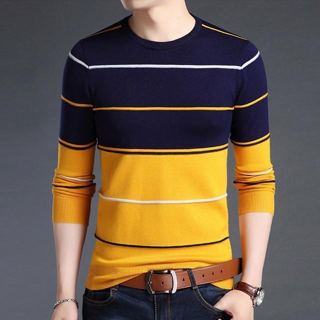 Mwxsd Casual Men's winter O-Neck Striped pullover Sweaters Slim Fit Knitting Mens cotton Sweaters High Quality male Pullovers-Dark blue-M-JadeMoghul Inc.