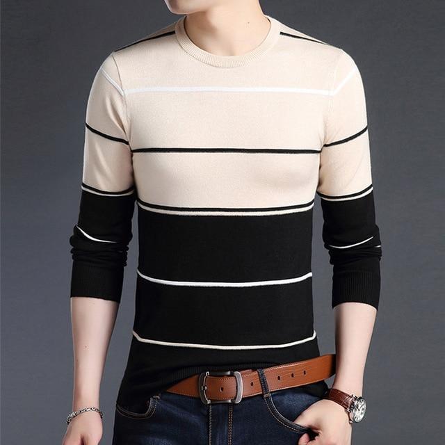 Mwxsd Casual Men's winter O-Neck Striped pullover Sweaters Slim Fit Knitting Mens cotton Sweaters High Quality male Pullovers-Khaki-M-JadeMoghul Inc.