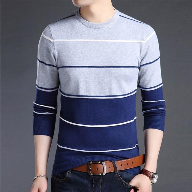 Mwxsd Casual Men's winter O-Neck Striped pullover Sweaters Slim Fit Knitting Mens cotton Sweaters High Quality male Pullovers-Light gray-M-JadeMoghul Inc.