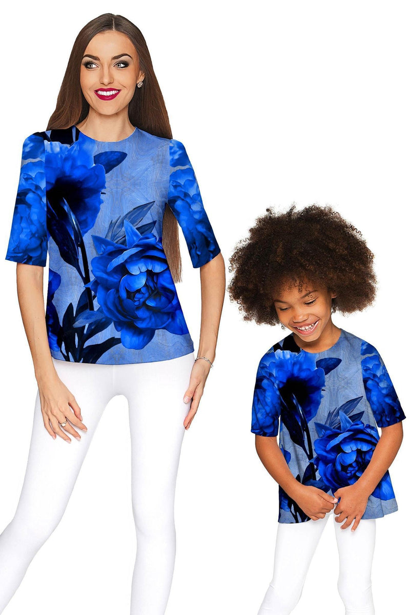 Mystery Sophia Blue Flower Print Sleeved Dressy Top - Girls-Mystery-18M/2-Blue/Grey-JadeMoghul Inc.