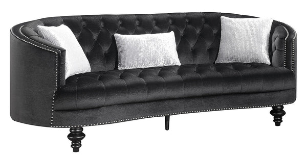 Nail head Trim Fabric upholstered Wooden Sofa with Button Tufted Details, Black-Living Room Furniture-Black-Flannelette Fabric and Wood-JadeMoghul Inc.