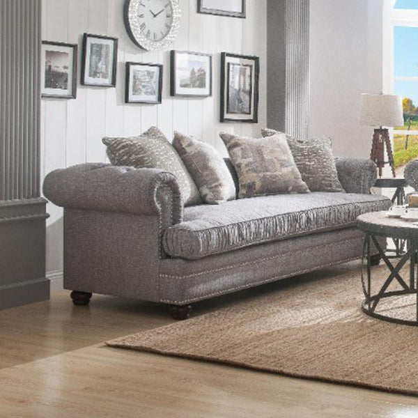Nailhead Trim Fabric Upholstered Wooden Sofa with Four Pillows, Gray-Living Room Furniture-Gray-Fabric and Wood-JadeMoghul Inc.