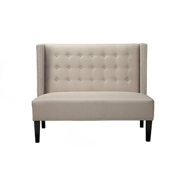 Nailhead Trim Polyester Upholstered Wooden Bench with Button Tufted Back, Gray-Benches-Gray and Black-Solid Rubberwood & Polyester-JadeMoghul Inc.