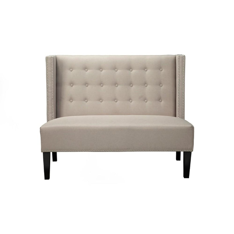 Nailhead Trim Polyester Upholstered Wooden Bench with Button Tufted Back, Gray-Benches-Gray and Black-Solid Rubberwood & Polyester-JadeMoghul Inc.