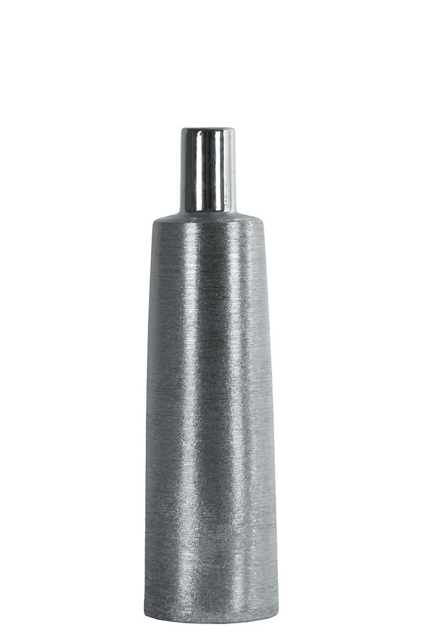 Narrow Mouth Ceramic Round Bottle Vase With Long Neck, Medium, Silver-Vases-Silver-Ceramic-JadeMoghul Inc.