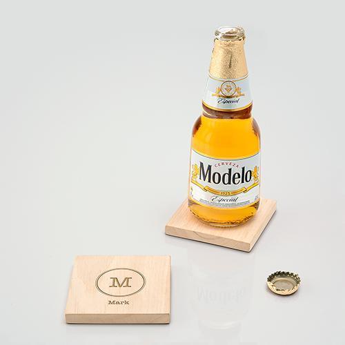 Natural Wood Coaster with Built-in Bottle Opener - Typewriter Monogram Etching (Pack of 1)-Personalized Gifts For Men-JadeMoghul Inc.