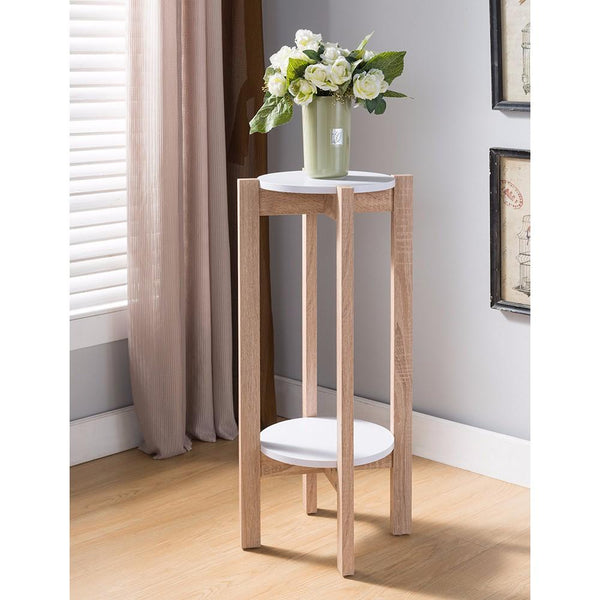 Natural Wood Plant Stand With Two Round Shelves, Light Brown and white-Console Tables-Light Brown & white-Wood-JadeMoghul Inc.