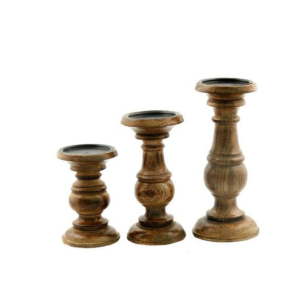 Natural Wooden Finish Pillar Shaped Candleholder, Set of 3, Brown-Candleholders-Brown-Mango Wood-Distressed, Textured-JadeMoghul Inc.