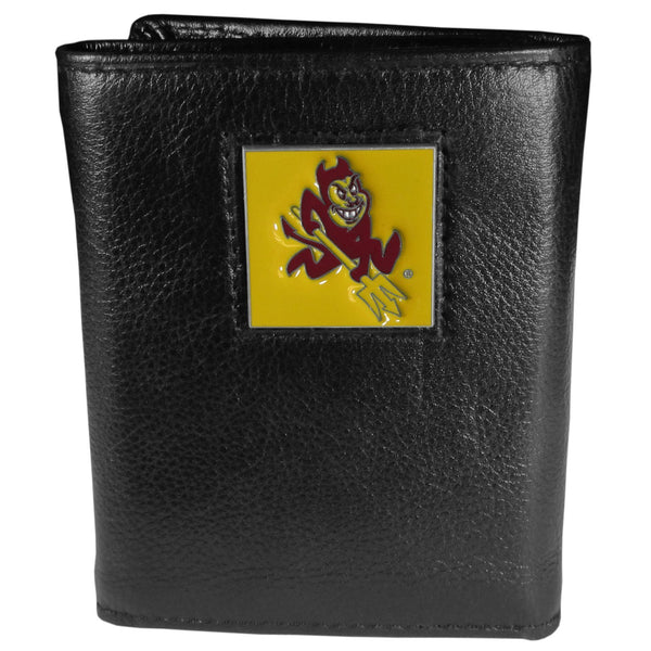 NCAA - Arizona St. Sun Devils Deluxe Leather Tri-fold Wallet Packaged in Gift Box-Wallets & Checkbook Covers,Tri-fold Wallets,Deluxe Tri-fold Wallets,Gift Box Packaging,College Tri-fold Wallets-JadeMoghul Inc.