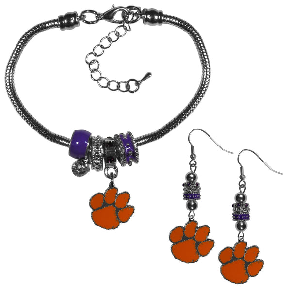 NCAA - Clemson Tigers Euro Bead Earrings and Bracelet Set-Jewelry & Accessories,College Jewelry,Clemson Tigers Jewelry-JadeMoghul Inc.