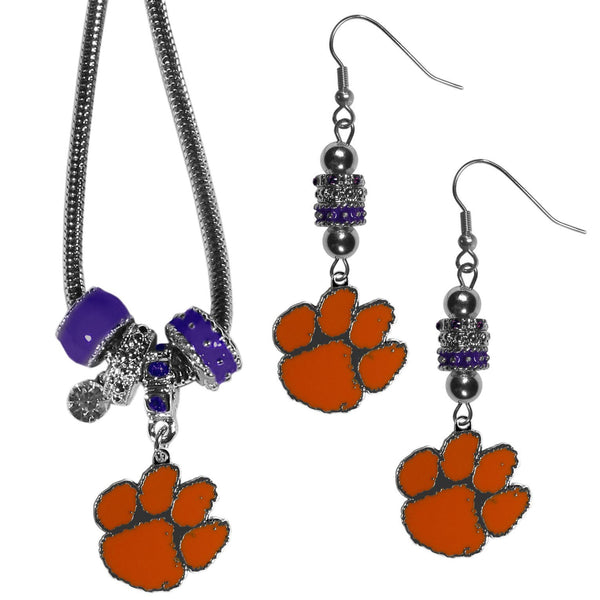 NCAA - Clemson Tigers Euro Bead Earrings and Necklace Set-Jewelry & Accessories,College Jewelry,Clemson Tigers Jewelry-JadeMoghul Inc.