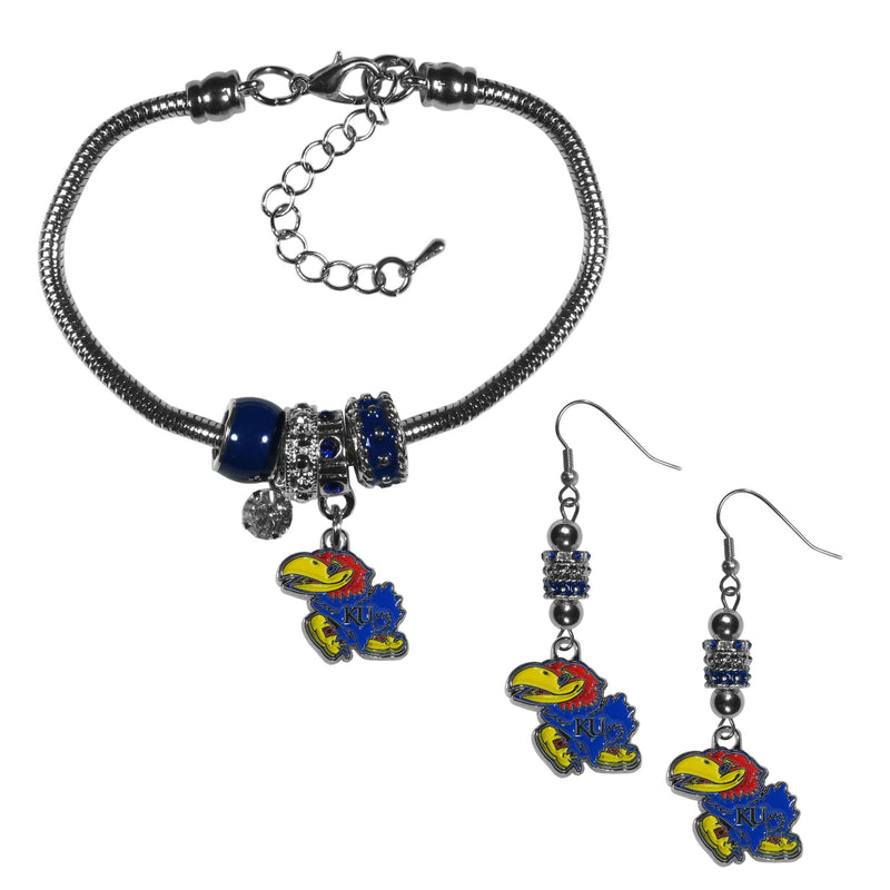 NCAA - Kansas Jayhawks Euro Bead Earrings and Bracelet Set-Jewelry & Accessories,College Jewelry,Kansas Jayhawks Jewelry-JadeMoghul Inc.