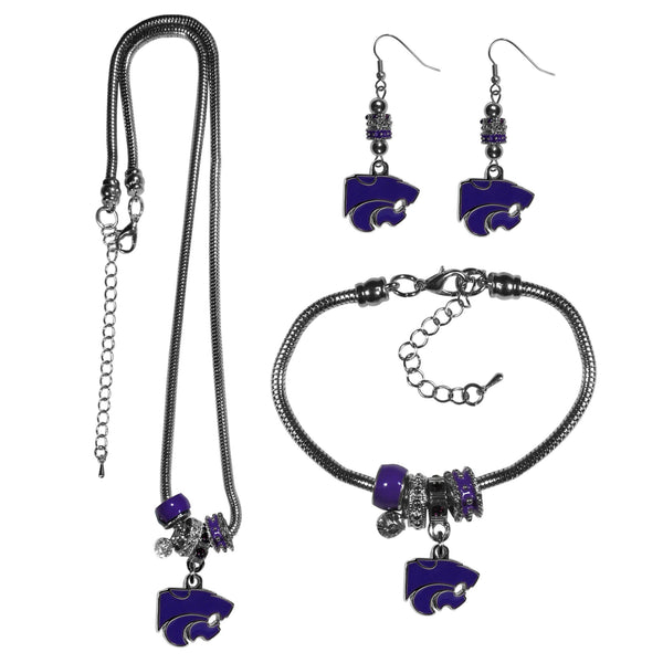NCAA - Kansas St. Wildcats Euro Bead Jewelry 3 piece Set-Jewelry & Accessories,College Jewelry,Kansas St. Wildcats Jewelry-JadeMoghul Inc.
